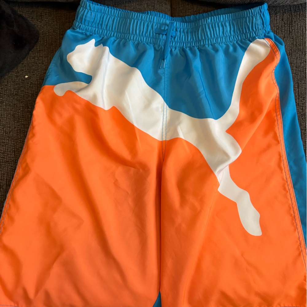 Bold Orange & Blue Swim Shorts with White Surf Graphic